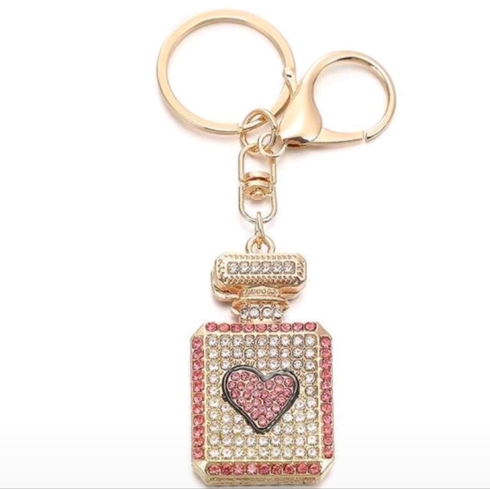 NWT Gold and Pink Heart Perfume Bottle Bag Charm Keychain